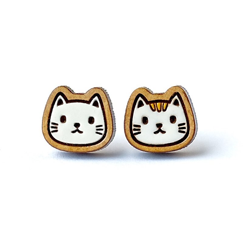 彩绘木耳环-小猫咪 - 耳环/耳夹 - 木头 白色