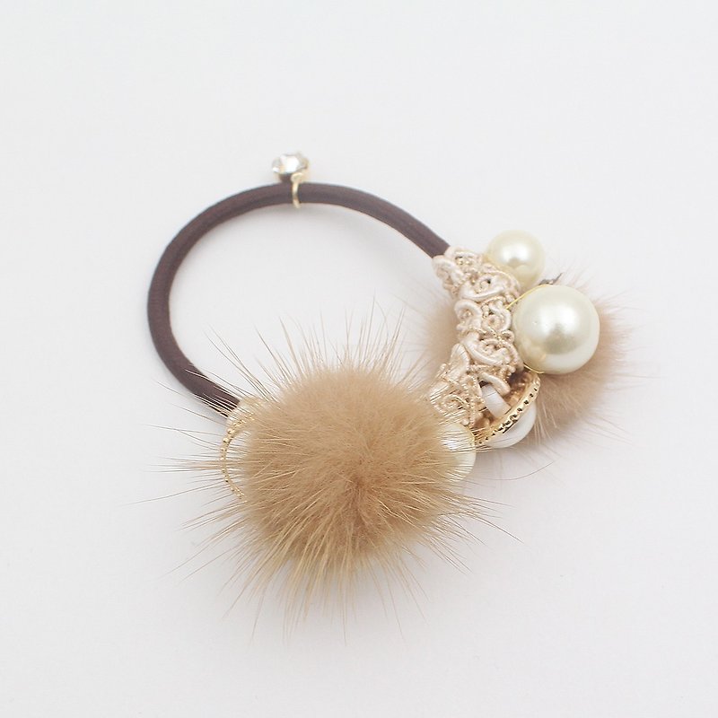 Brown mink fur pearl  ponytail holder - 发饰 - 聚酯纤维 咖啡色