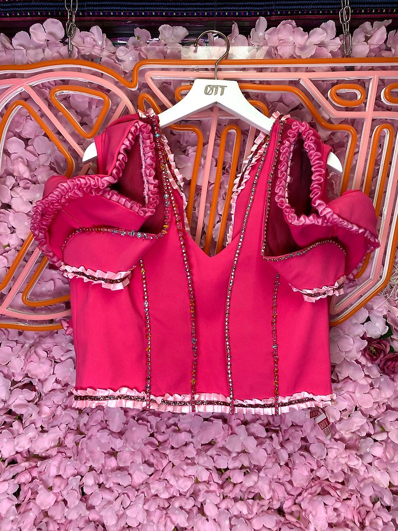 OTT独一无二•Unique日系桃红色细致闪石真皮条折褶边立体袖上衣 - 女装上衣 - 棉．麻 粉红色