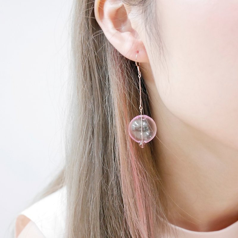 简约Bubble Bubbles 立体气泡玻璃球粉红色18K 玫瑰金纯银耳环 - 耳环/耳夹 - 玻璃 粉红色