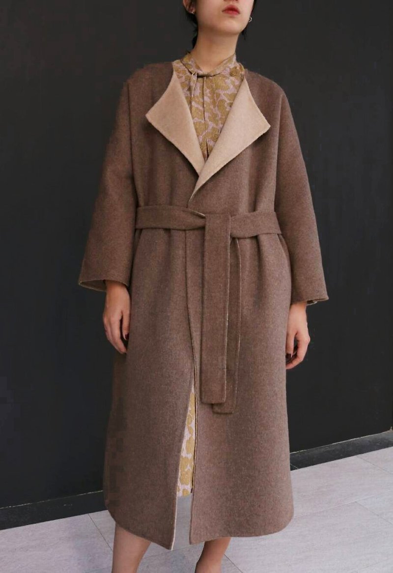 Oatmeal Coat 双面喀什米尔敞开式绑带大衣 (有其他颜色选择) - 女装休闲/机能外套 - 羊毛 