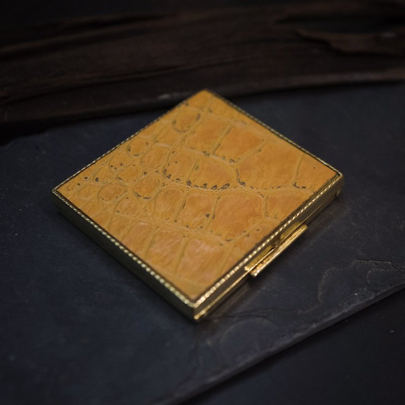 70s美国皮革古董方形黄铜粉盒 - 名片夹/名片盒 - 其他金属 橘色