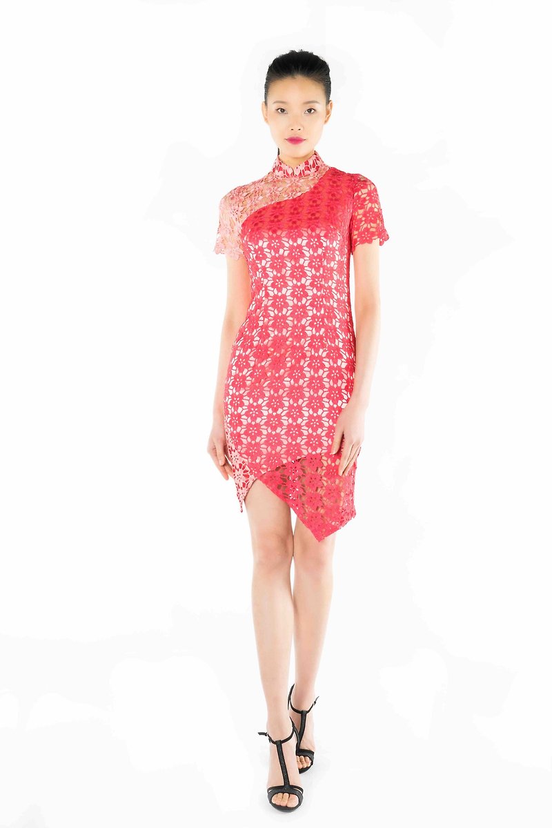 红色花朵蕾丝衬裙袖旗袍 - 旗袍 - 聚酯纤维 红色