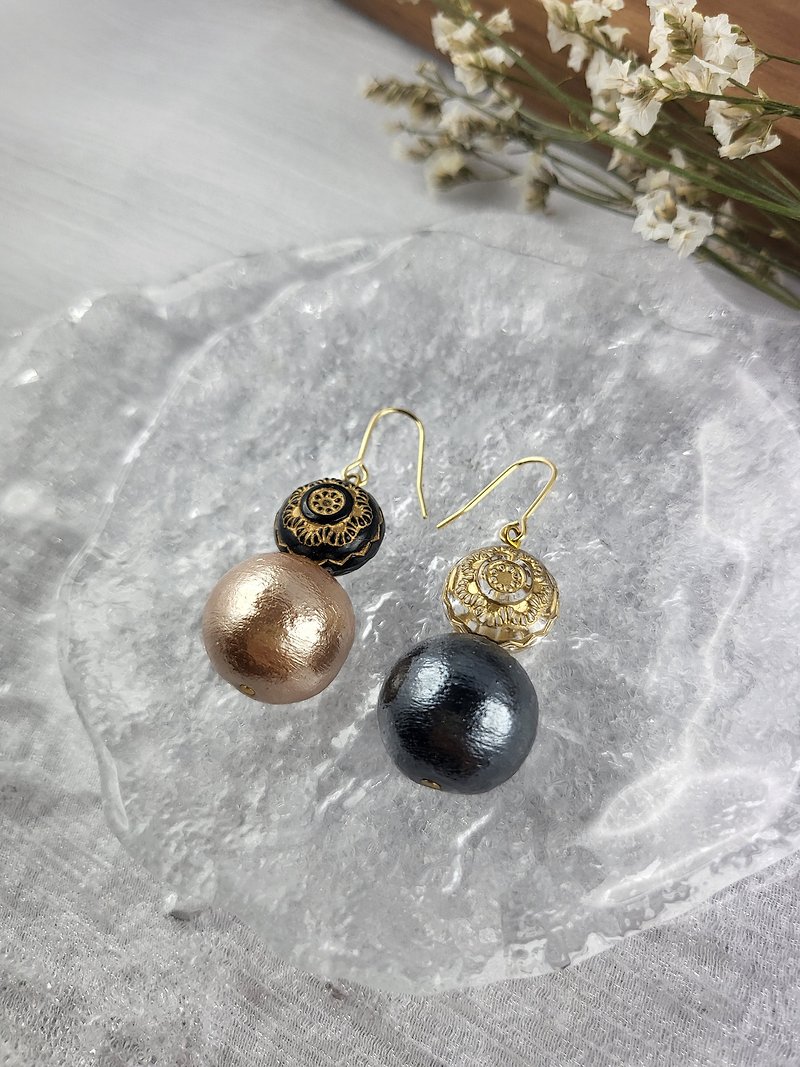 两层耳环 - 棉珍珠（黑| 米色） - 耳环/耳夹 - 其他材质 