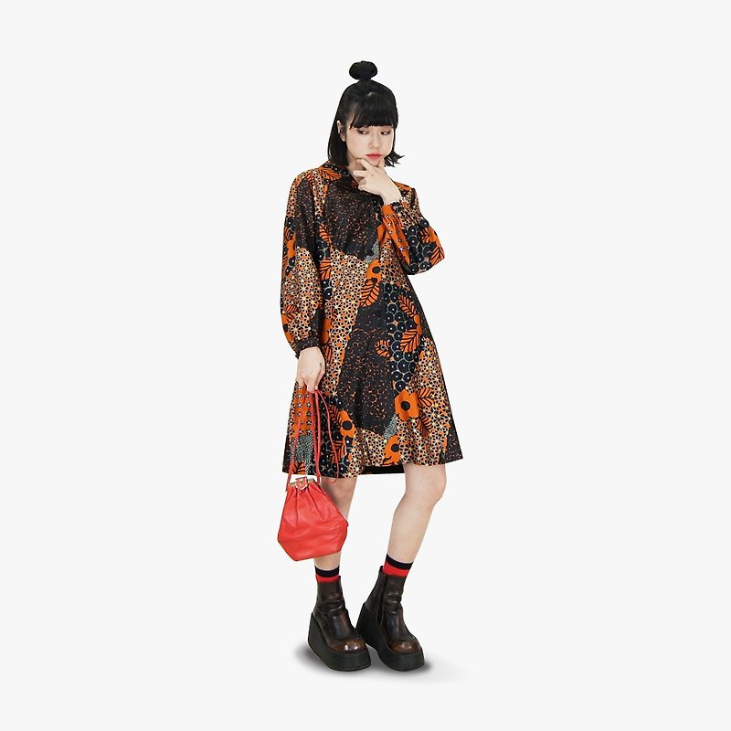 A·PRANK :DOLLY :: 橘黑色花卉翻领古着洋装(D802029) - 洋装/连衣裙 - 棉．麻 橘色