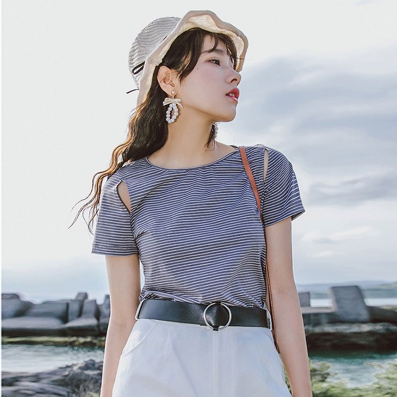 安妮陈2018夏装新款纯色圆领条纹T恤 - 女装 T 恤 - 其他材质 灰色