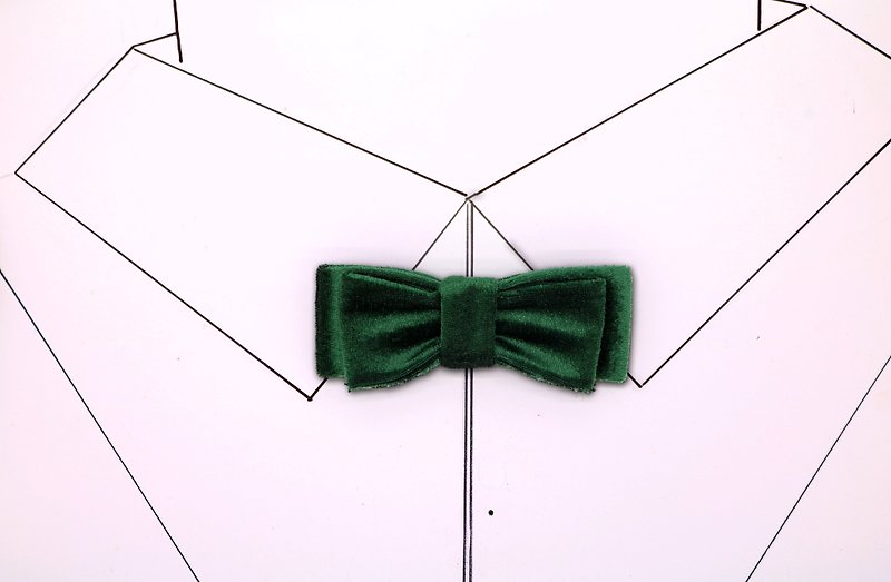 绿色丝绒窄版双层领结复古新郎蝴蝶结 - 领带/领带夹 - 丝．绢 绿色