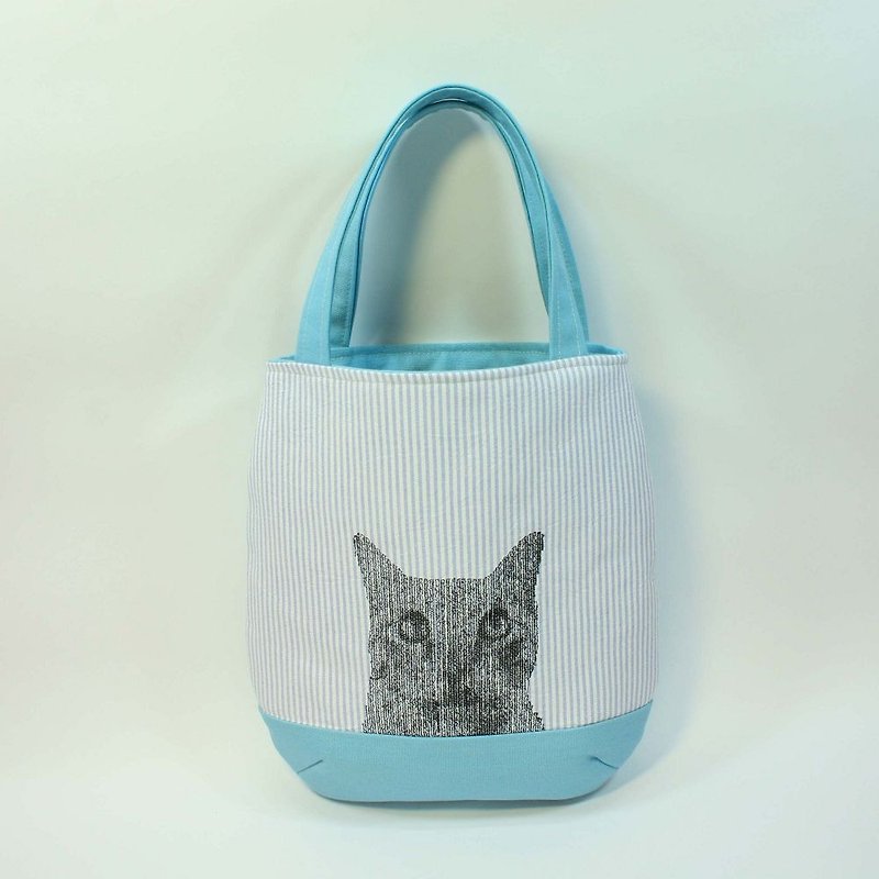 刺绣 手提包02-猫 - 手提包/手提袋 - 棉．麻 蓝色