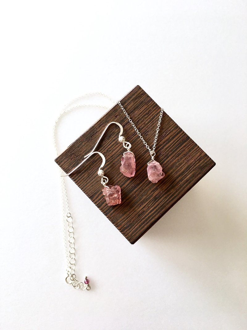 Sapphire rock stone set-up hook-earring and necklace all SV925 - 项链 - 半宝石 粉红色