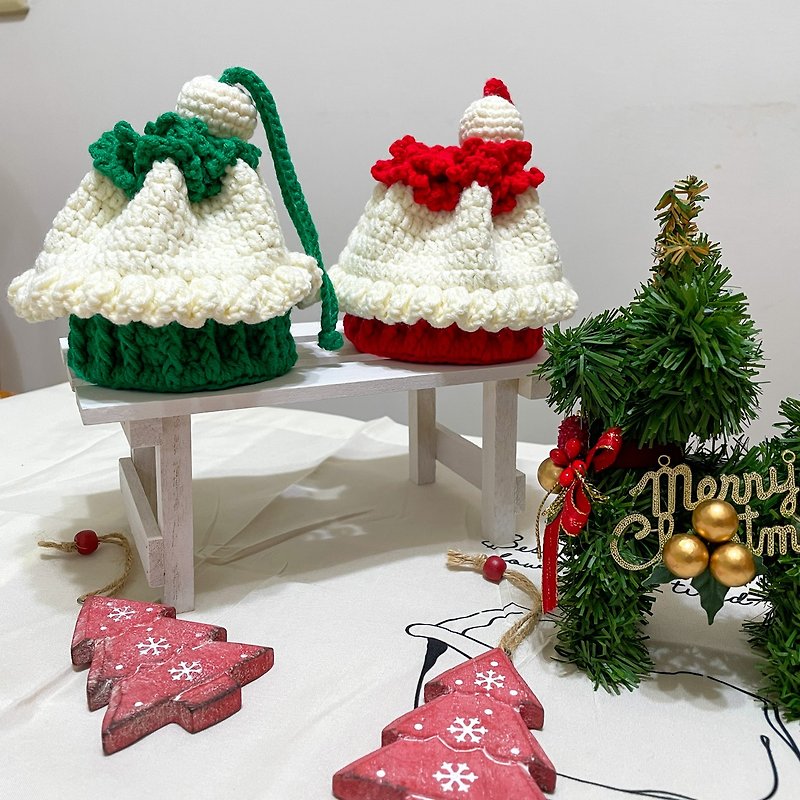 手工毛线编织蛋糕束口袋 /收纳袋/圣诞节礼物 - 束口袋双肩包 - 棉．麻 绿色