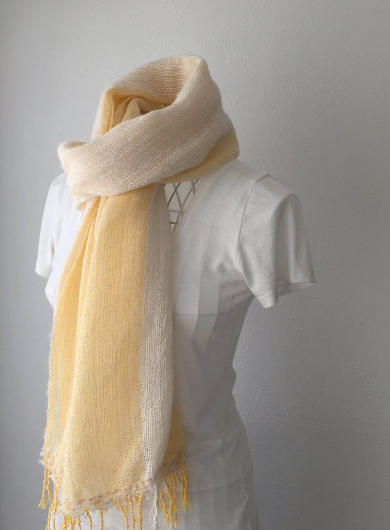 【ベビーアルパカ&綿：オールシーズン】ユニセックス：手織りストール "Yellow & White" - 丝巾 - 棉．麻 黄色