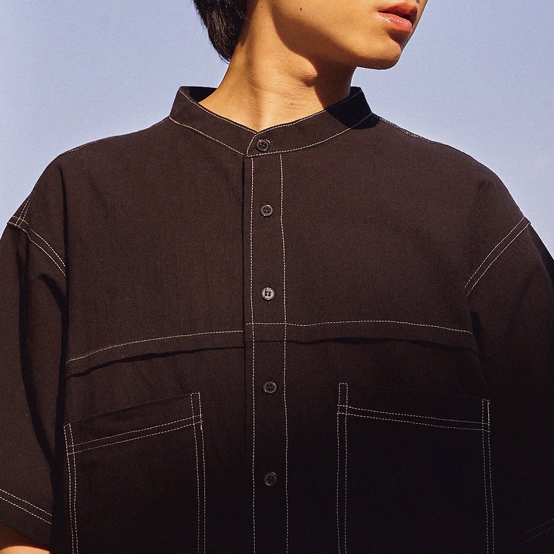 黑色棉质中式领衬衫 - 男装衬衫 - 棉．麻 黑色