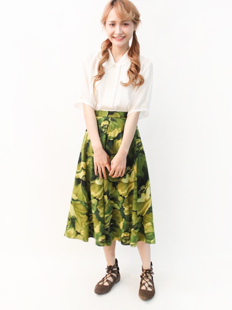 复古夏日日本制大人感绿色花朵古着长裙 Vintage Skirt - 裙子 - 聚酯纤维 绿色