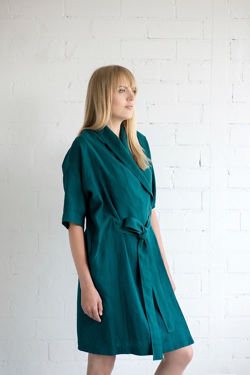 Linen Dress Motumo – 17S5 / Handmade loose linen summer dress with belt - 洋装/连衣裙 - 亚麻 