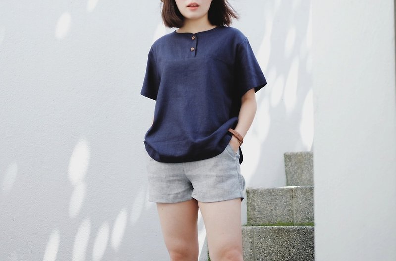 MichiO Top : navy - 女装上衣 - 棉．麻 蓝色