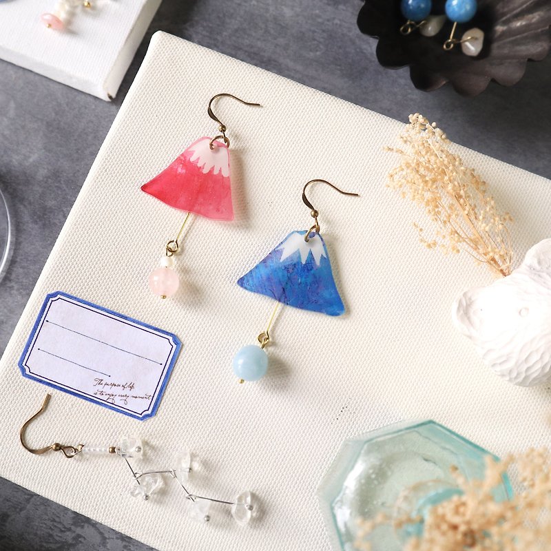 富士山手工耳环-双子星  粉晶 海蓝宝 可改夹式 - 耳环/耳夹 - 树脂 粉红色
