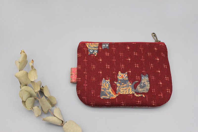 平安小乐钱包 -福气猫,日本棉麻双面双色小钱包 - 皮夹/钱包 - 棉．麻 红色