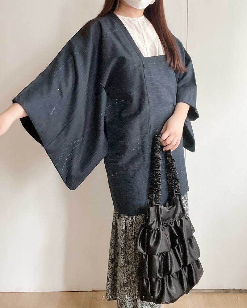 日本制和风印花古着羽织道行深蓝色和服外套-瑕疵特 - 女装休闲/机能外套 - 聚酯纤维 蓝色