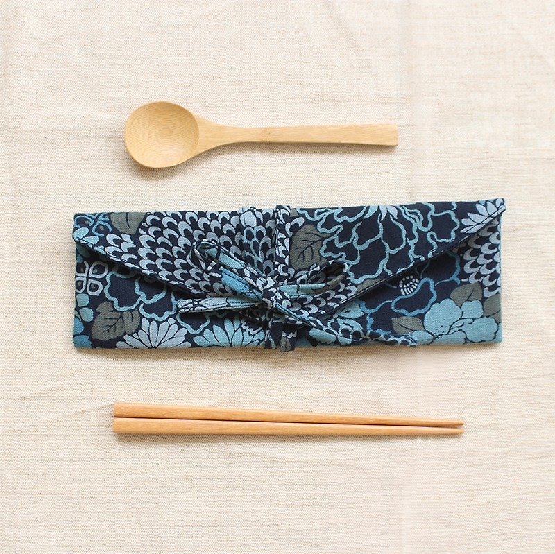 植物系素雅横式环保筷套/收纳袋 - 筷子/筷架 - 棉．麻 蓝色
