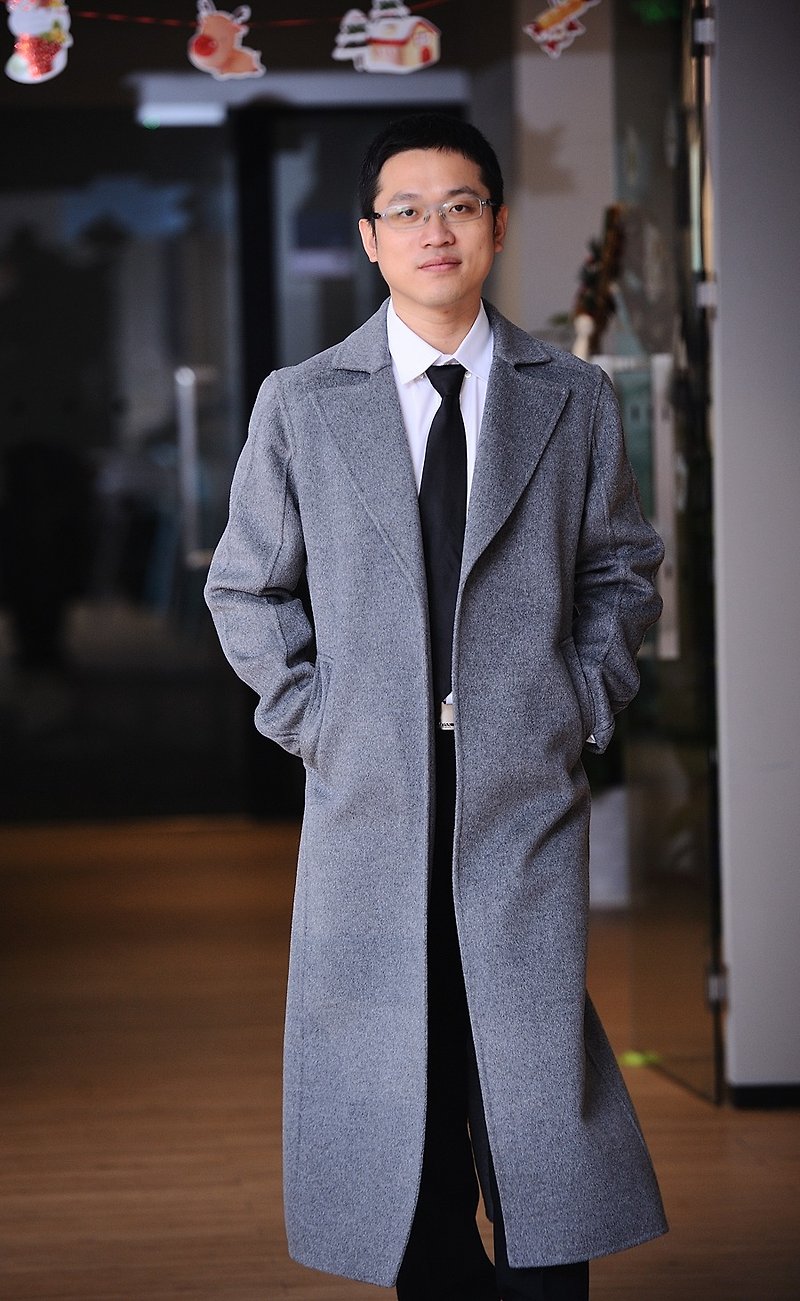 【品祥云纱】新款男装原创设计双面山羊绒大衣 手工缝制 - 男装外套 - 羊毛 灰色