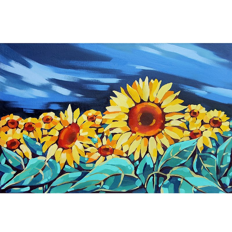 Sunflower Handmade Painting Floral Original Art Field Flower Artwork - 海报/装饰画/版画 - 其他材质 黄色