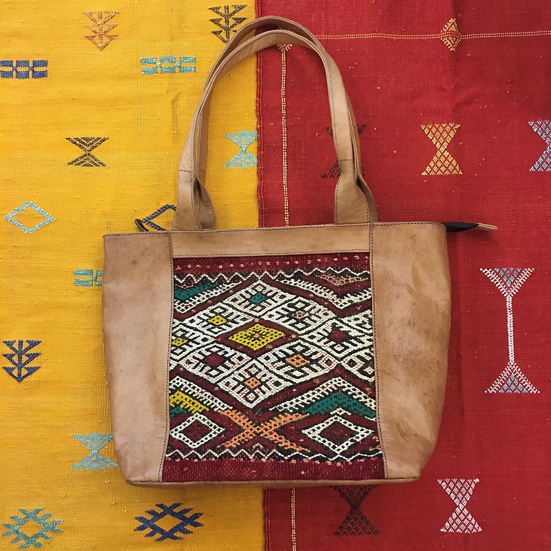 摩洛哥 手工平织地毯  浅色小羊皮 侧背包 托特包 民族风 配件 - 侧背包/斜挎包 - 真皮 卡其色