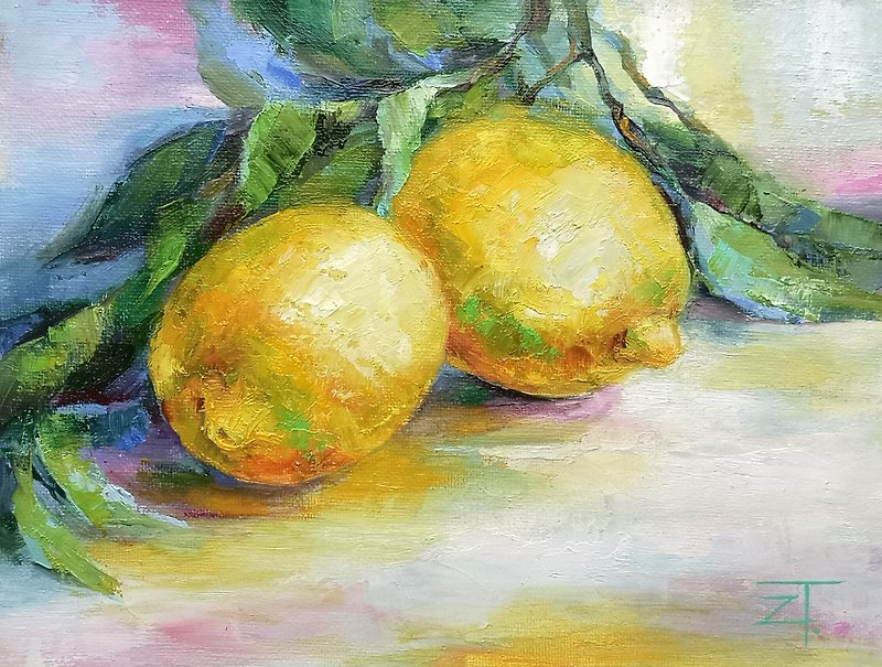 Oil Painting Lemons Original Art on Canvas 18x 24 cm. - 墙贴/壁贴 - 棉．麻 