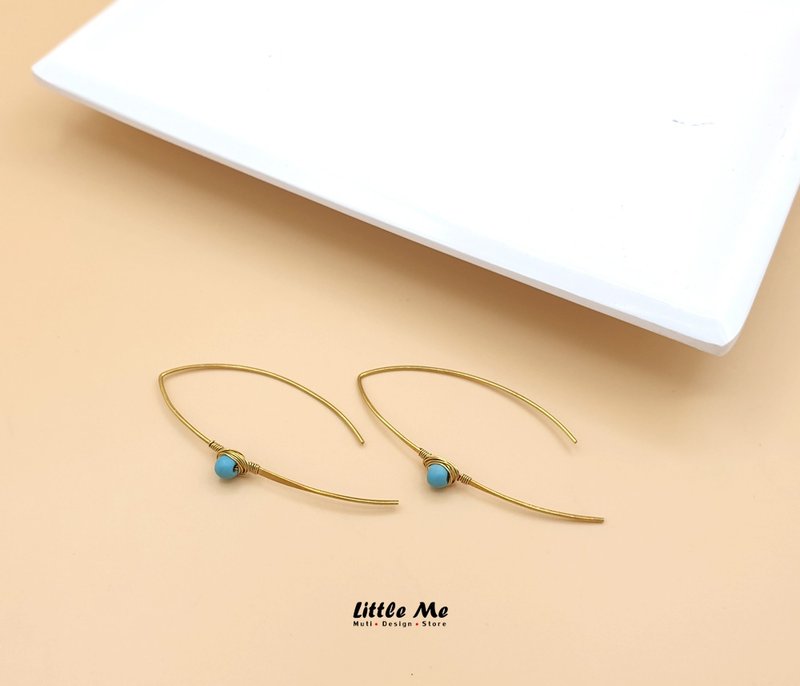 Handmade simple long earring with turquoise stone ,brass - 耳环/耳夹 - 其他金属 蓝色