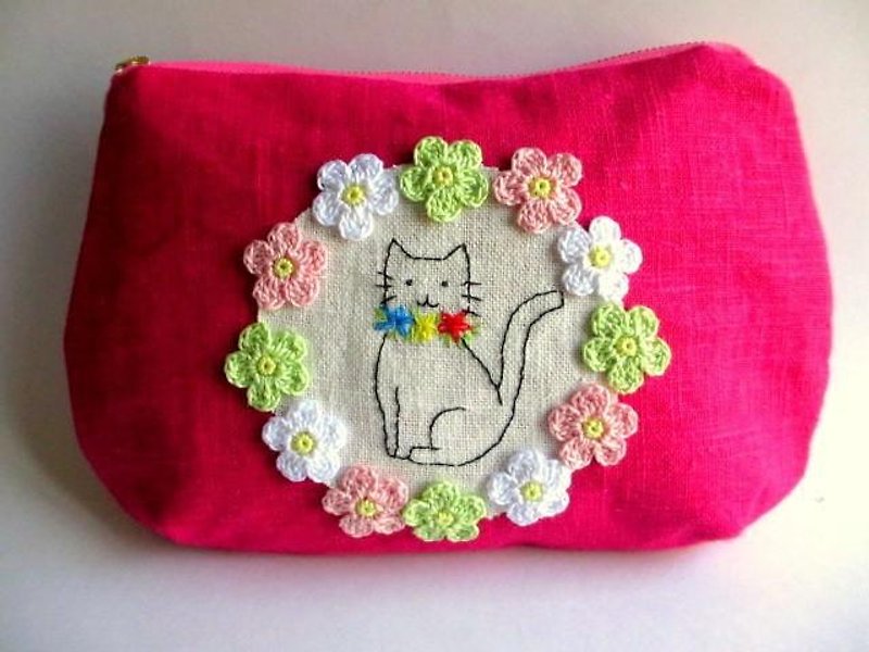 お花と猫のリネンポーチ＊ローズピンクE - 化妆包/杂物包 - 棉．麻 粉红色