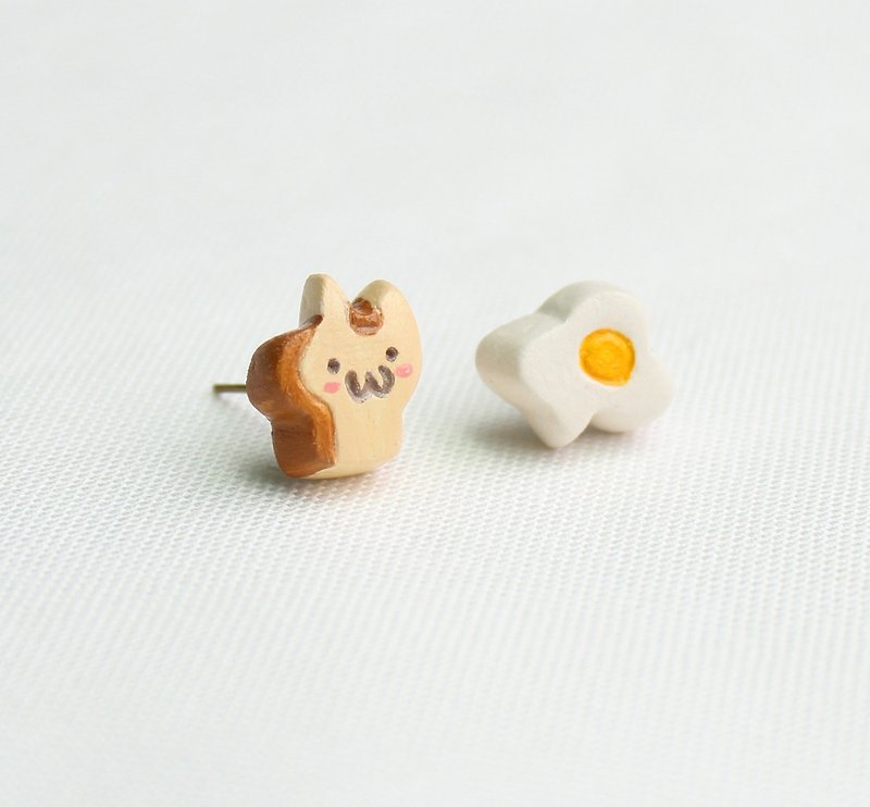 "吐司猫+蛋" 耳环 - 耳环/耳夹 - 粘土 橘色