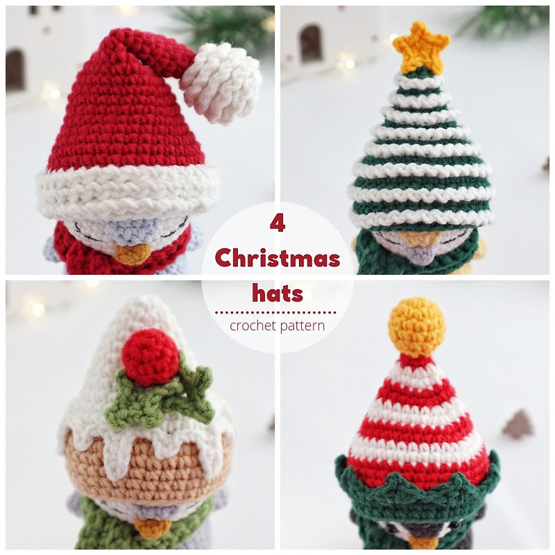 Crochet pattern Christmas mini hats: elf, pudding, santa and Christmas tree hats - 编织/刺绣/羊毛毡/裁缝 - 其他材质 