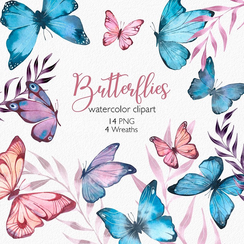 Watercolor Pink and Blue Butterflies and Moths, Insect clipart - 插画/绘画/写字 - 其他材质 