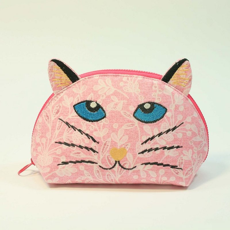 刺绣 贝壳化妆包03-猫头 - 化妆包/杂物包 - 棉．麻 粉红色