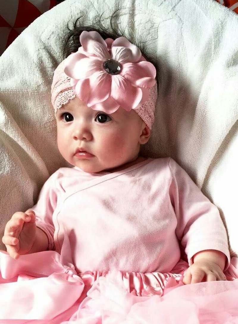 蕾丝花发饰 - 婴儿帽/发带 - 棉．麻 粉红色