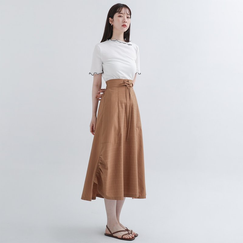 Lihe_离合不对称裙_22SF201_卡其条 - 裙子 - 聚酯纤维 多色