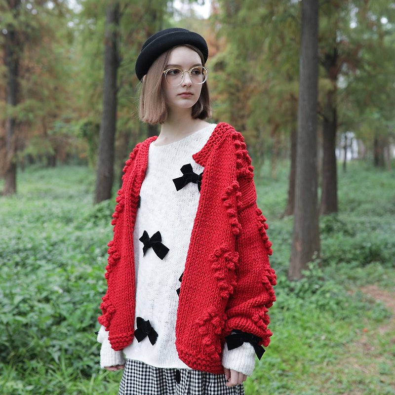 棒针毛衣开衫 / 红白两色 - imakokoni - 女装针织衫/毛衣 - 其他材质 红色
