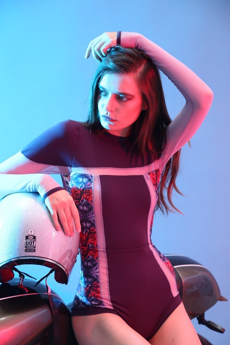 Tracker suit 長袖 連體泳衣 / 玫瑰 花 打印+紫色 / S - 女装泳衣/比基尼 - 聚酯纤维 多色