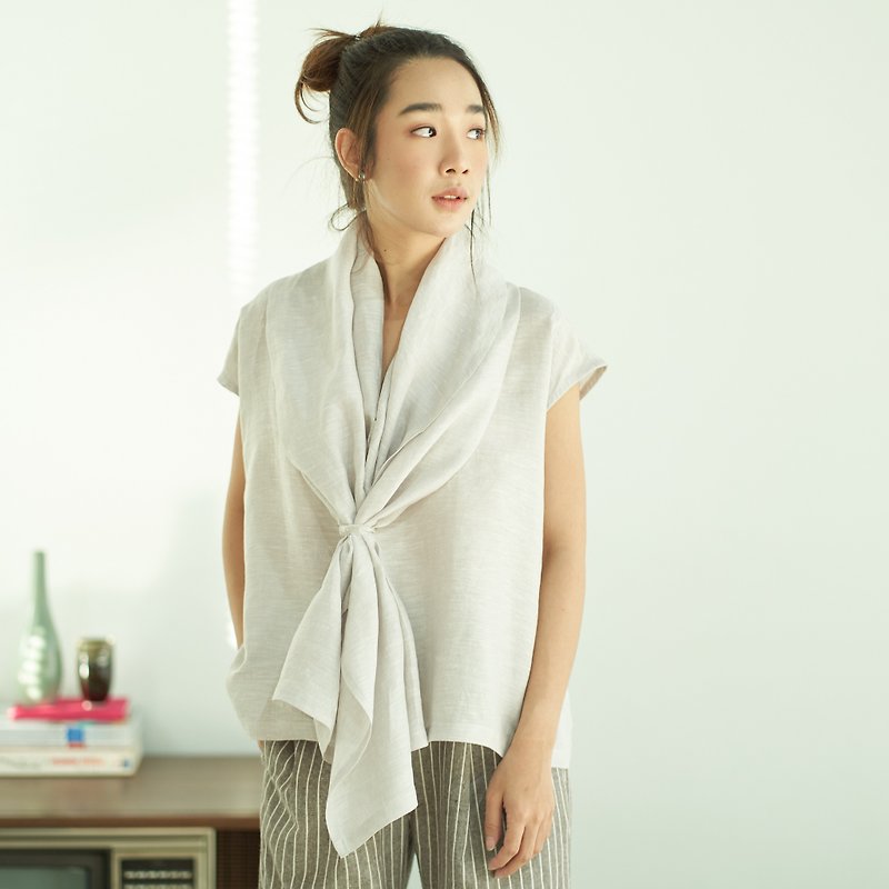 Natural  Linen Built-in Scarf Linen Blouse Minimal Linen Top - Very Light Grey - 女装上衣 - 亚麻 灰色