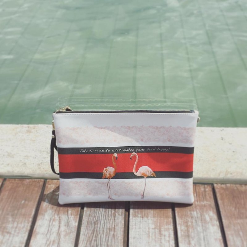 高贵优雅红鹤双面印花手拿包手袋 Elegant Flamingo Clutch Handbag by Shuki Design - 手拿包 - 真皮 红色