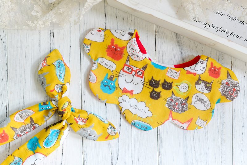 HAPPY CAT BaBy GIRL Set - 手作婴儿贺礼套装 - 满月礼盒 - 棉．麻 黄色