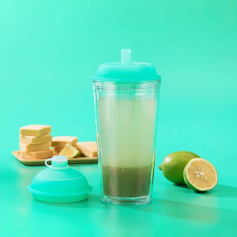 YCCT啵啵杯710ml- 薄荷绿 -可收纳吸管的双层吸管杯 台湾设计制造 - 水壶/水瓶 - 塑料 灰色