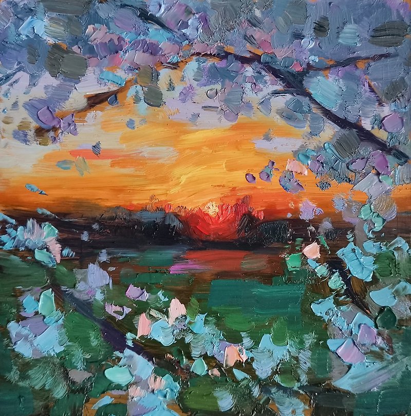 Cherry Tree Painting Sunset Original Art Oil Painting Chinese Landscape - 海报/装饰画/版画 - 其他材质 多色