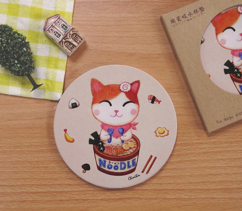 ChinChin 手绘猫咪陶瓷吸水杯垫 - 日式拉面 - 杯垫 - 其他材质 咖啡色