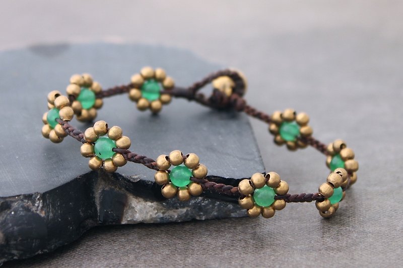 玉花手链雏菊黄铜石编织 - 手链/手环 - 石头 绿色