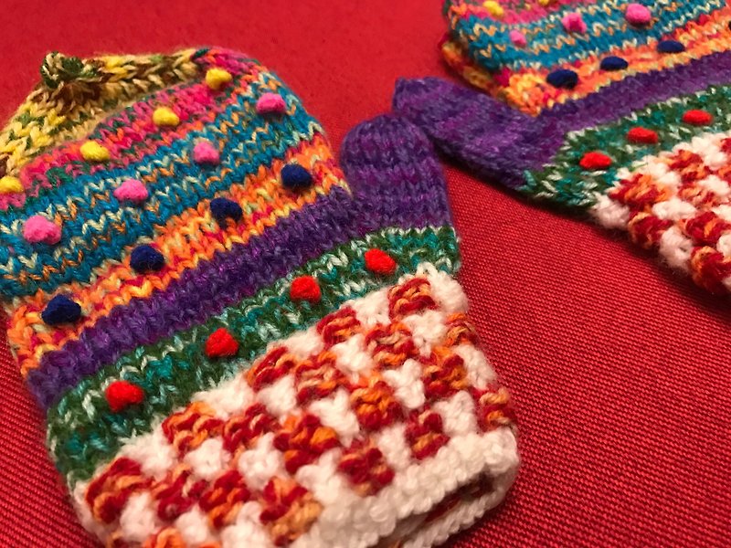 秘鲁手工毛料盖子手套-紫橘 - 手套 - 羊毛 多色