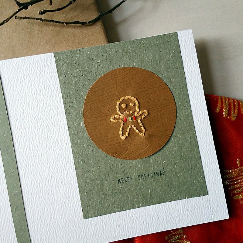 手缝图像圣诞卡(姜饼人)(原稿) - 卡片/明信片 - 纸 多色