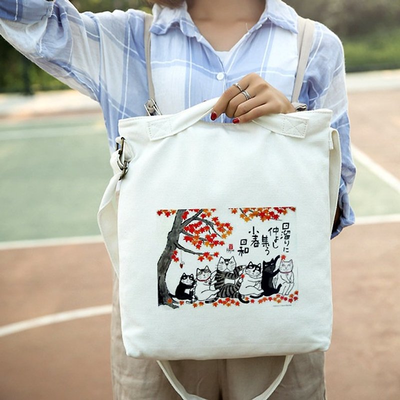 可爱猫猫咪 帆布袋背包 书袋 可以单肩 手提 斜挎 三用方式 - 侧背包/斜挎包 - 棉．麻 白色