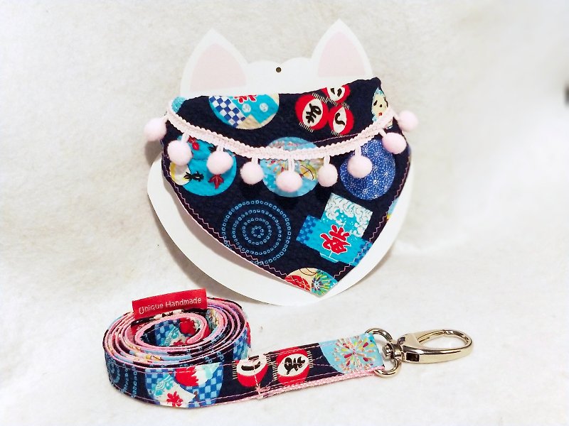 宠物 猫犬 和风围巾有扣颈带 连拖带 - 项圈/牵绳 - 棉．麻 蓝色