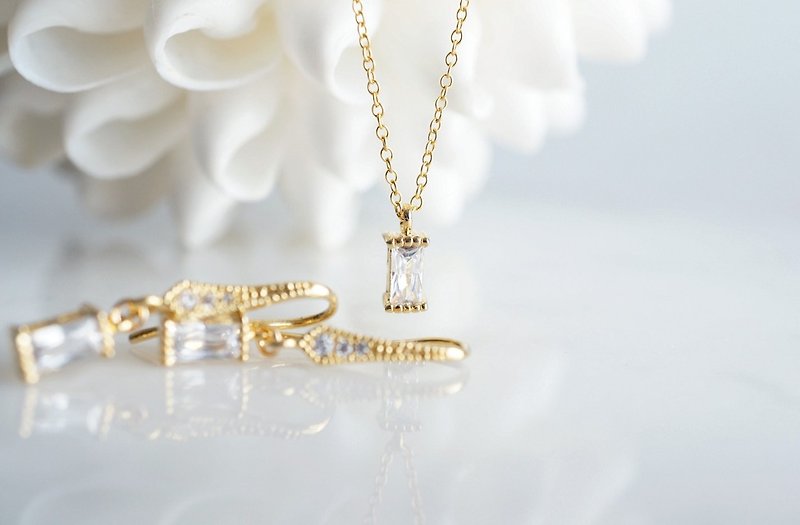 【14KGF】Necklace,CZ Rectangle - 项链 - 玻璃 金色