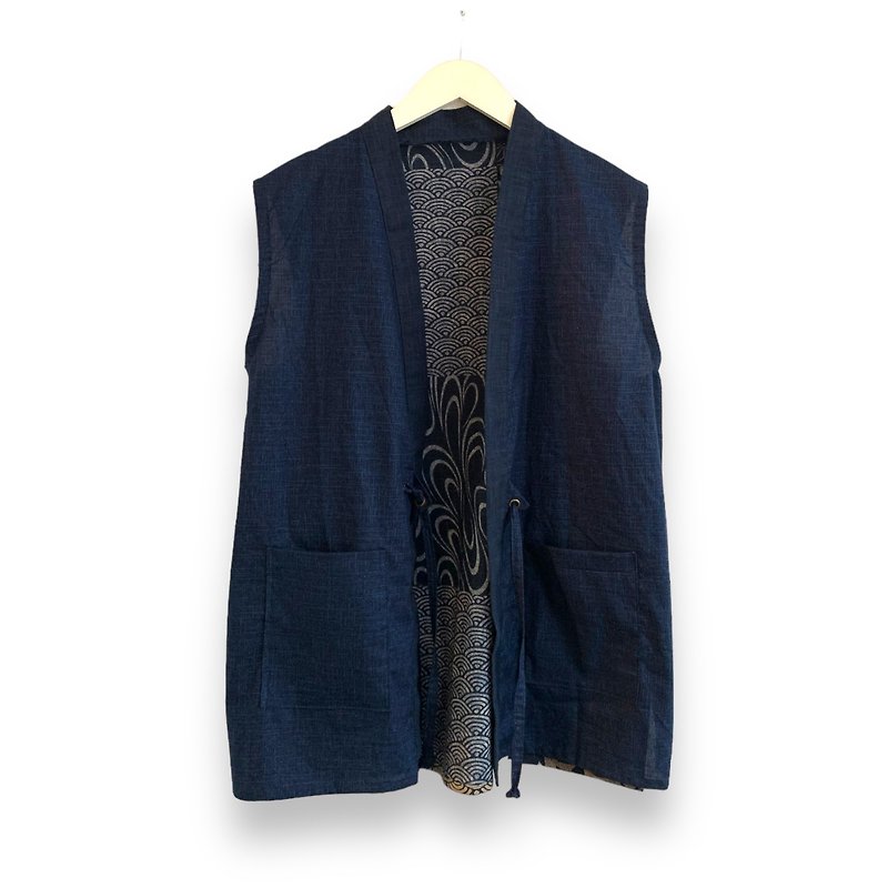 Haori Style Vest - 男装背心 - 棉．麻 蓝色